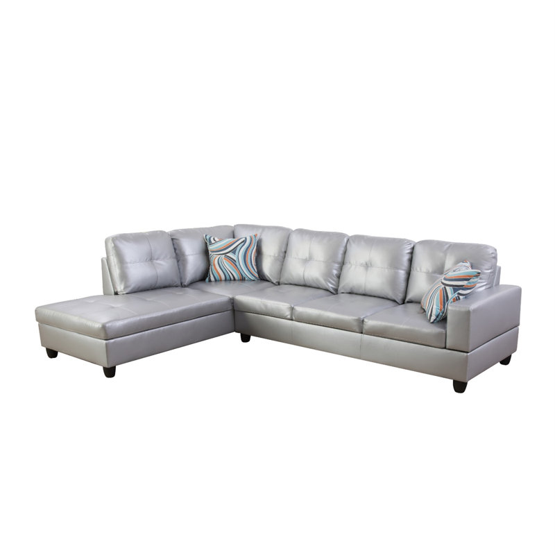 Bawan Faux Leather L-Shaped Sectional, Left Hand Facing, Silver/White Faux Leather