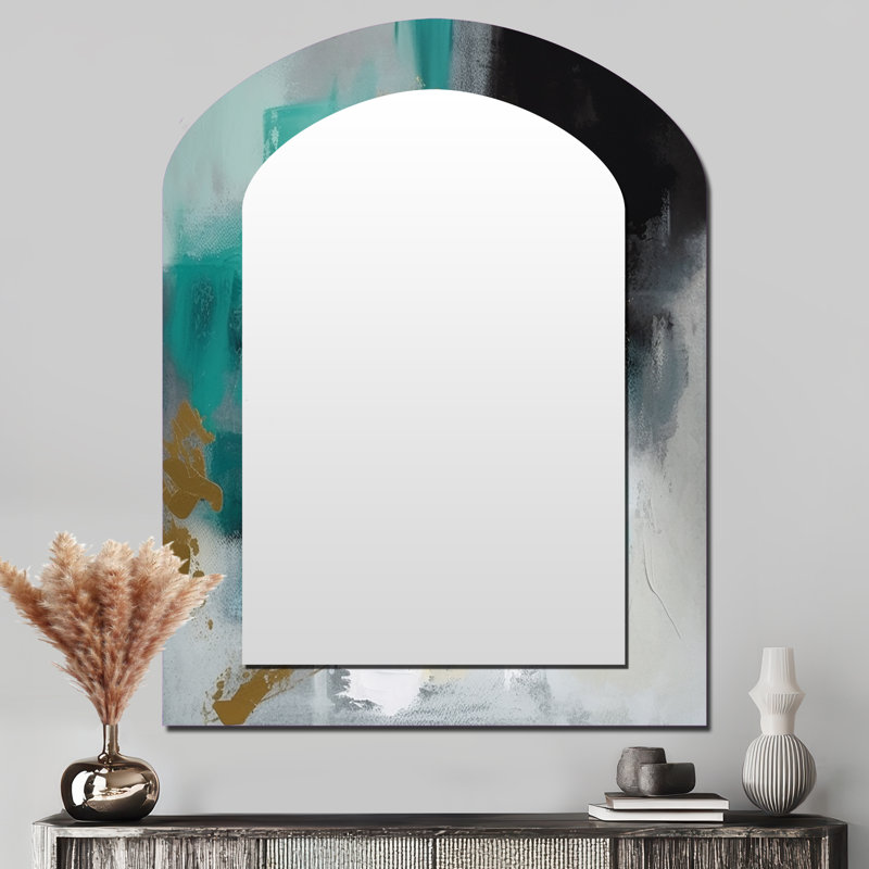 Full Moon Happiness Gold & Turquoise Abstract IV - Abstract Painting Asymmetrical Mirror, Blue Arch Decorative Wall Mirror, Printed Metal Art