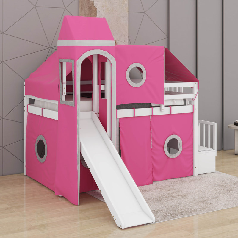 Lit mezzanine double avec tour et tente, Rose