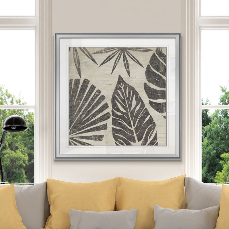 « tribal palms iii », peinture, H 16 po x l 16 po x P 1,5 po, Encadrement argenté