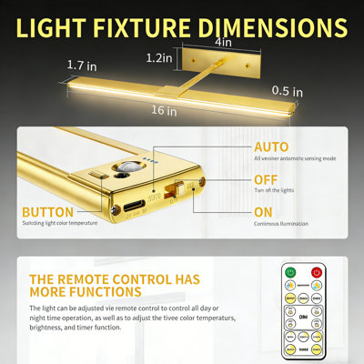 Gold Wireless Picture Light - Gold Adjustable Art Light with Motion Sensor & Remote