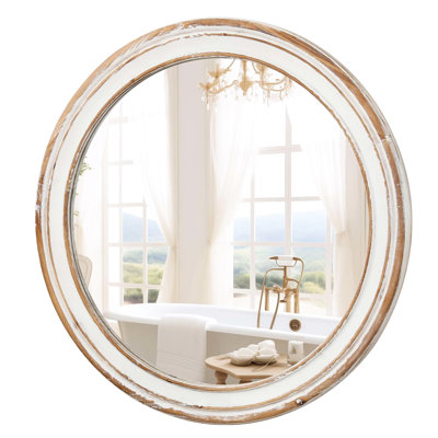 23.44 Inches Circle Mirror For , Living Area. Wooden Look With Whitewash Edge. Reflection. Easy To Mount Round Bathroom, . Edge Mirror. Clear Installation And Maintenance