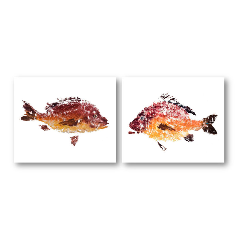 Red Fish Set by John Beard - Artist Enhanced Canvas Print, 24" H x 40" W x 2" D, White