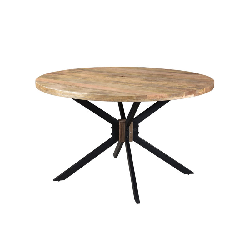 Keiffer Round Solid Wood Top Metal Base Dining Table, Natural Mango