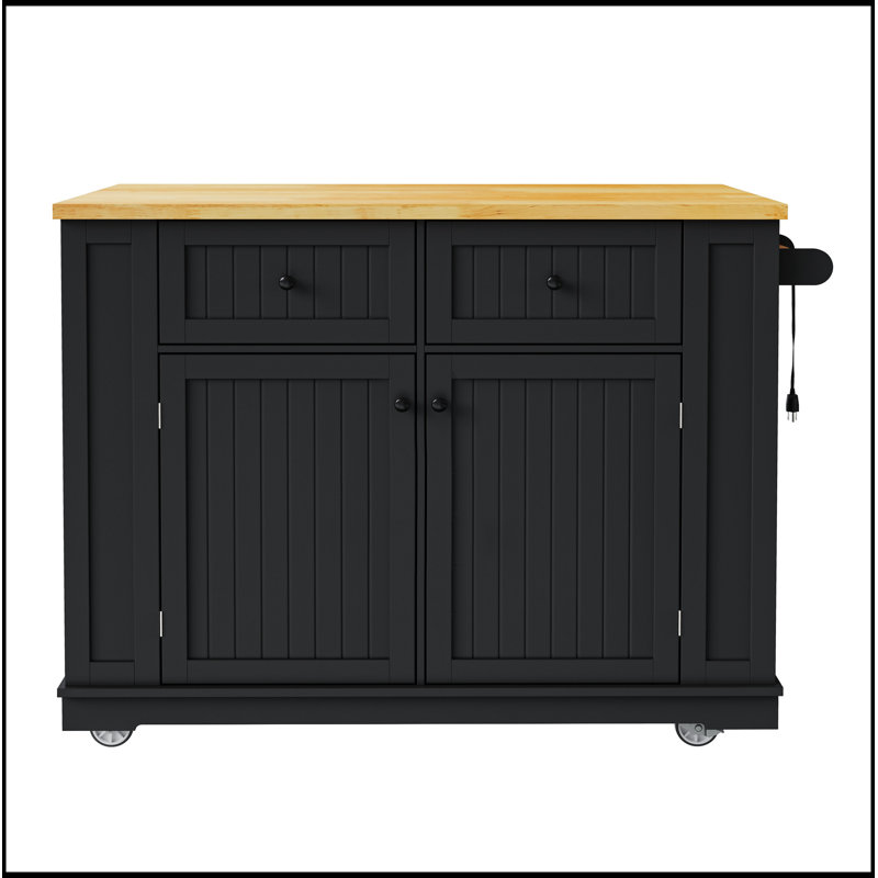 48 Inch Large Kitchen Island with Drop Leaf, Power Outlet, Internal Storage, and Rolling Cart on 5 Wheels for Efficient Space Utilization