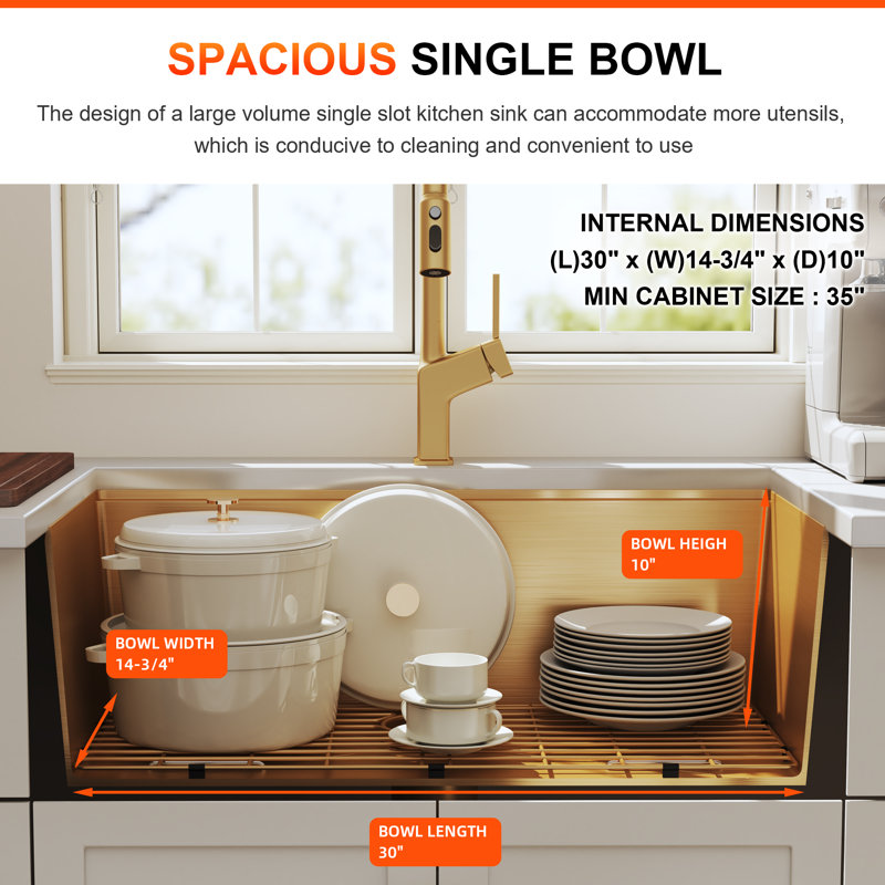 Évier de cuisine encastré en acier inoxydable 32 pouces x 18 po x 10 po Blenzia, Doré