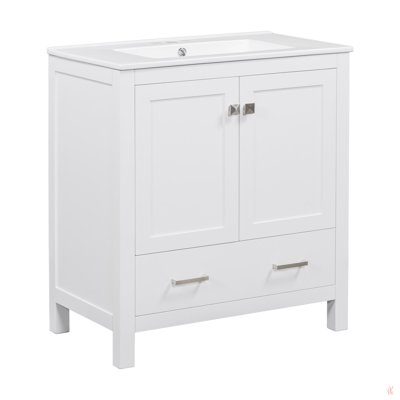 Meuble-lavabo de 30 po avec lavabo simple, meuble-lavabo encastré, armoire de rangement avec 2 portes et un tiroir, fermeture en douceur, rangement multifonctionnel, structure en bois massif