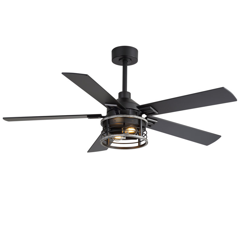 52" Farmhouse Ceiling Fan With Lights And Remote, Rustic Industrial Black Ceiling Fan With 5 Blades, Reversible Motor, Metal Cage Light Fixture For Bedroom, Living Room, Dining Room