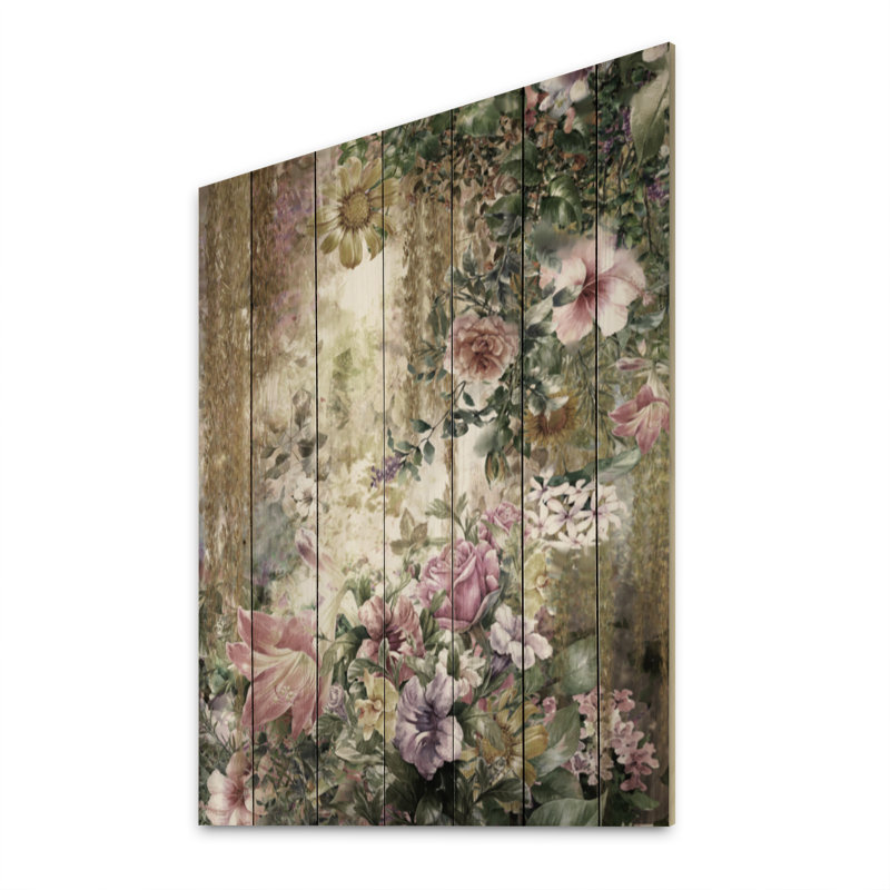 Grunge rose vert fleurs d'été - peinture sur bois sans cadre, H 36 po x l 24 po x P 1 po