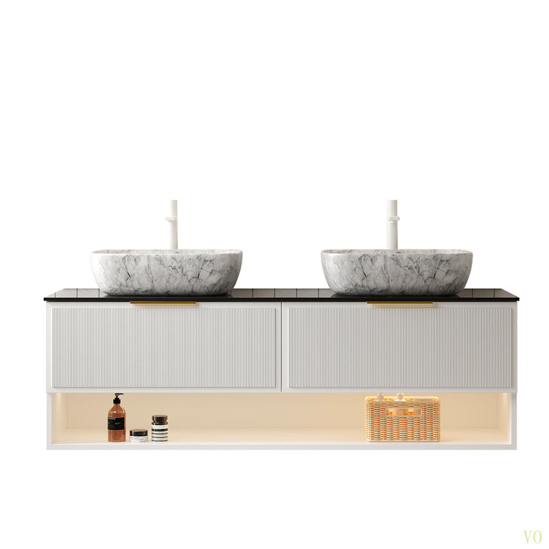 Meuble-lavabo de 60 po avec lavabos, armoire de rangement en contreplaqué flottant, 2 tiroirs et tablette à rayures fines, capteur de lumière, 2 vasques en céramique à motif de marbre, plateau en pierre Sinte, pré-assemblé