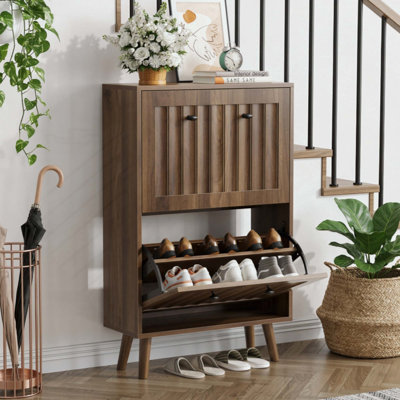 Armoire à chaussures de style médiéval moderne, unité de rangement à chaussures verticale avec finition rainurée verticale, armoire à chaussures, idéale pour les couloirs, les couloirs et les entrées.