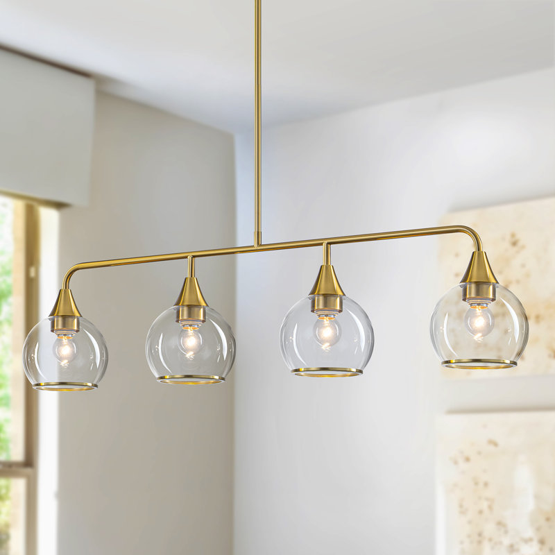Luminaire suspendu pour îlot de cuisine 4 lumières linéaire en verre transparent 4 lumières, Doré