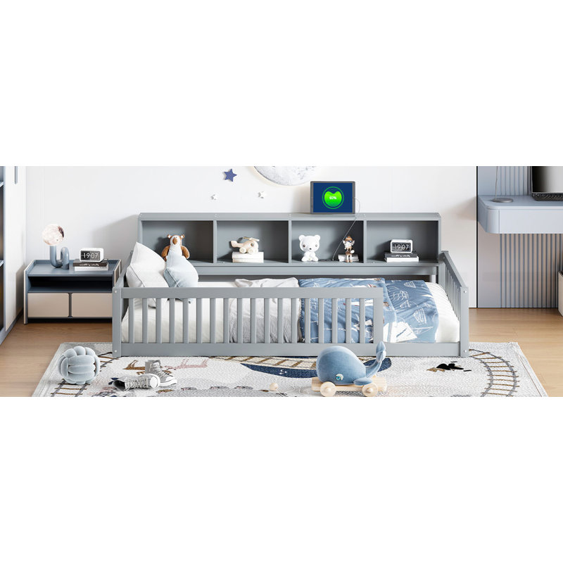 Lit en bois avec armoires de rangement et ports USB, Grey