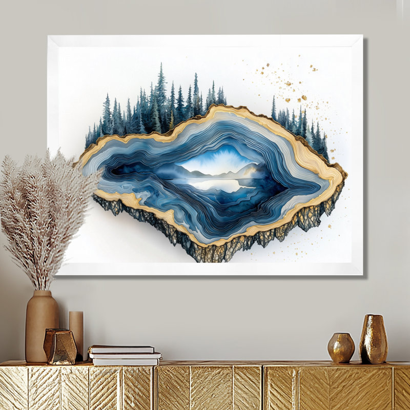 «Forest Geode and Wood Slide Spiral» - art mural cristaux, H 12 po x l 20 po, Blanc, Avec cadre