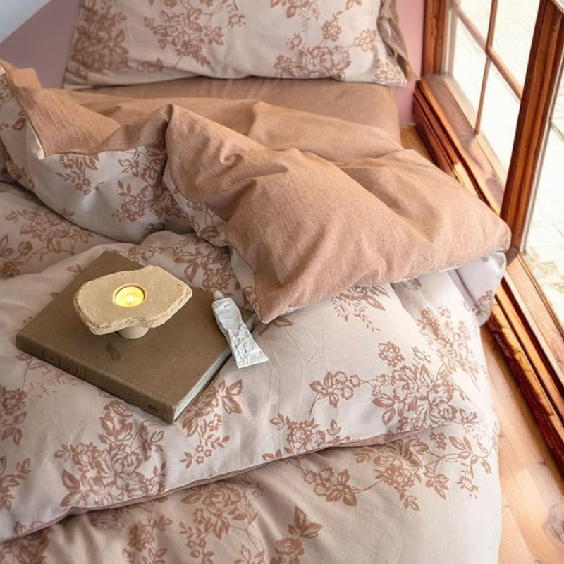 Retro Monet Linen Bowknot Cotton Duvet Cover Set, Pumpkin, Queen Duvet Cover + 2 Queen Pillowcases