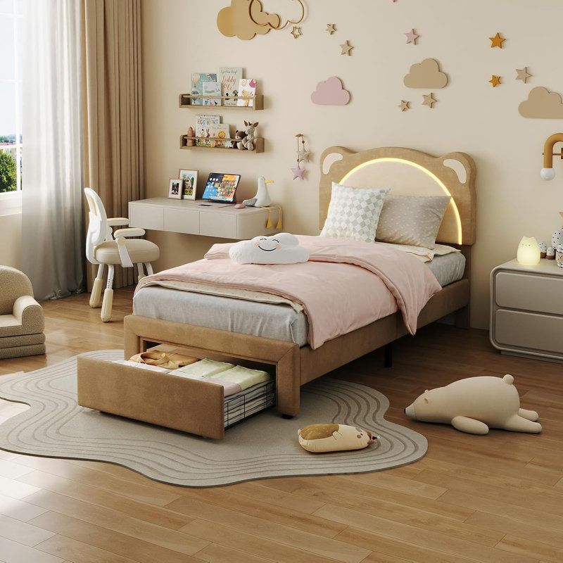 Lit plateforme simple pour enfant avec tête de lit ajustable et lumières DEL, conception tapissée d'ours, brun, Lit simple