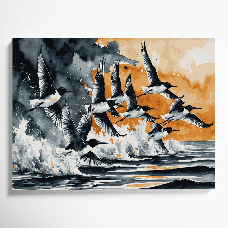 Oiseaux, écumoire noire, toile beige, H 11 po x l 14 po