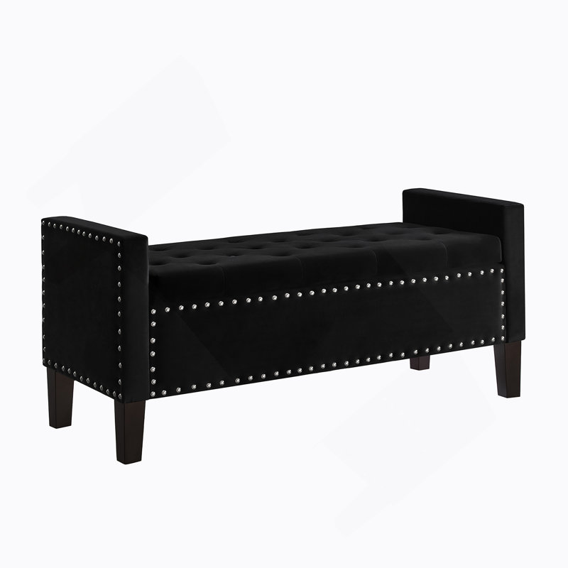 Banc rembourré capitonné avec rangement à boutons et garniture cloutée, siège d'entrée rembourré pour salon, Noir