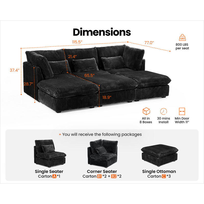 6 Seater Oversized Modular Sofa Extra Deep Cloud Corduroy Sectional Couch With Ottoman Chaise Fsc Certified, Black