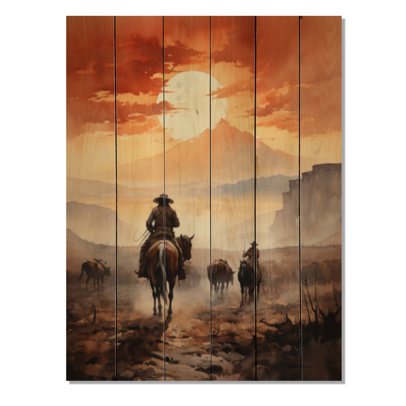 Cowboy chassant le coucher de soleil I - impression sur bois sans cadre, H 20 po x l 10 po x P 0,78 po