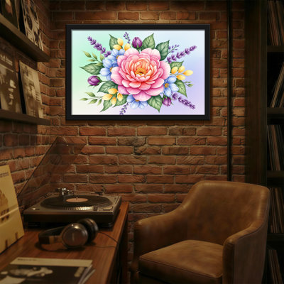 Plantes et fleurs rose avec fleurs bleues et jaunes