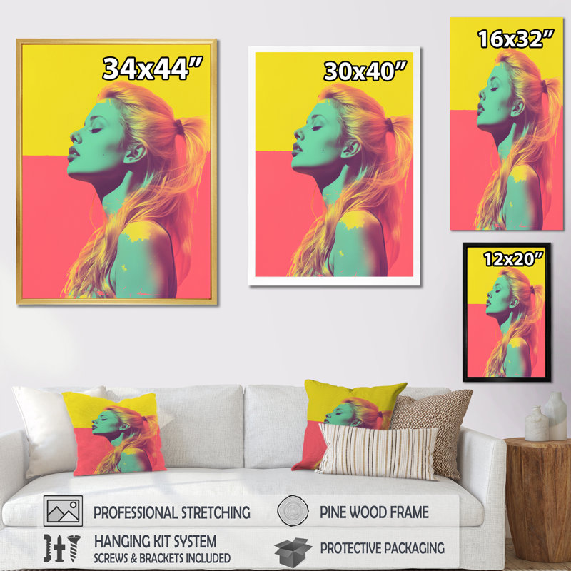 Portrait rétro de femme emblématique Pop art polaroïd, H 44 po x l 34 po x P 1,5 po, Cadre flottant blanc