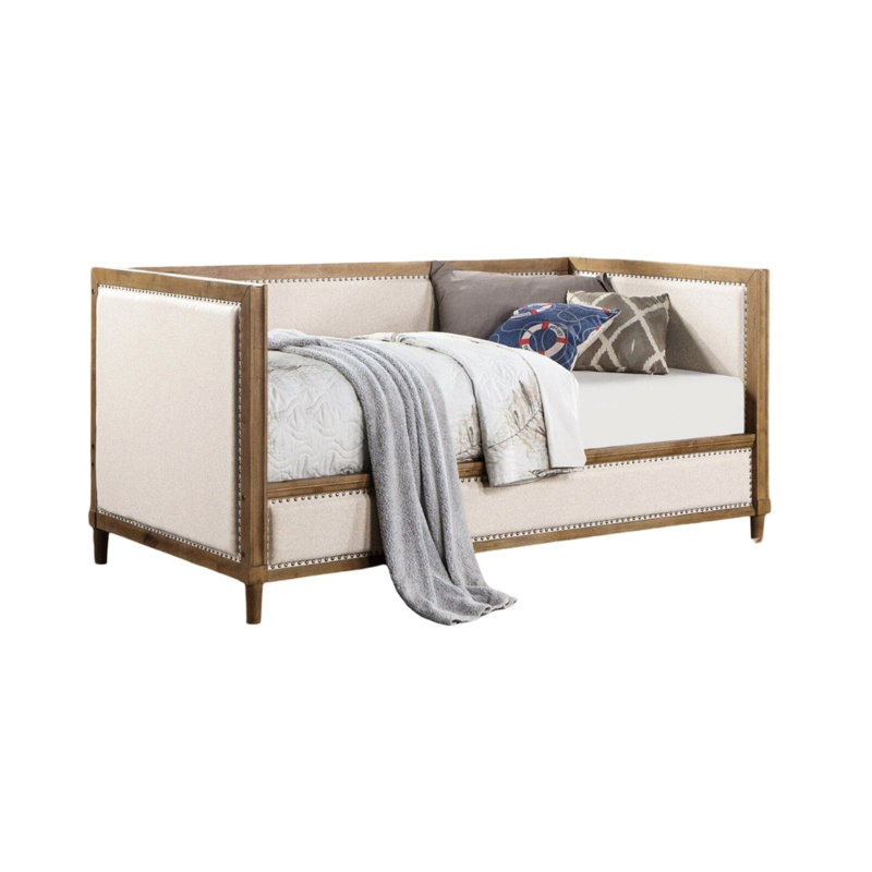 Kyra Twin Daybed With Nailhead Trim, Light Oak Pinewood, Beige Fabric