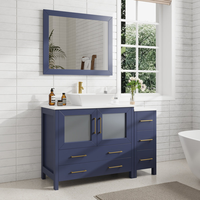 Ravenna 48" Freestanding Single Sink Bathroom Vanity with Engineered Marble Top and Matching Mirror, Blue