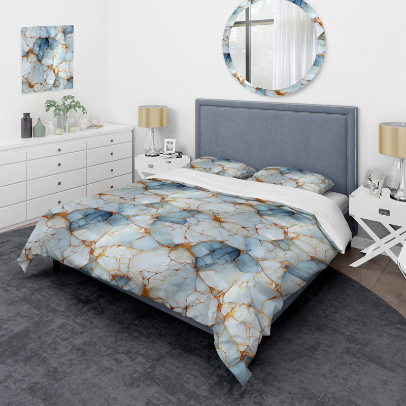 Ensemble de housse de couette motif veine de cristal or et bleu, Housse de couette pour très grand lit et 2 très