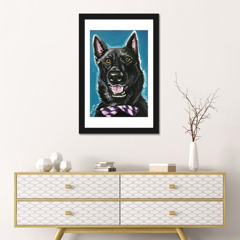 «Black German Shepherd With Bow Tie» par Hippie Hound Studios, impression sur toile tendue, Papier d'art encadré noir, Blanc