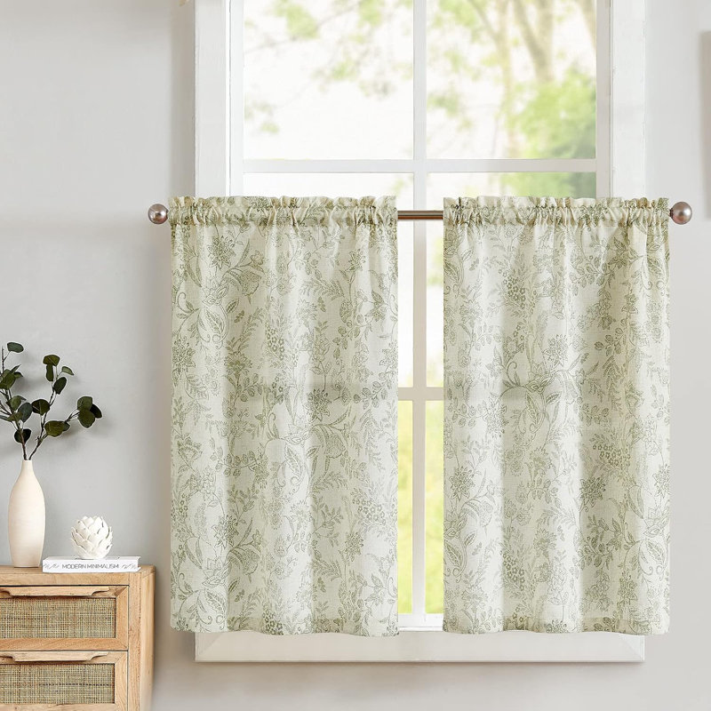 Rideaux de cuisine floraux, L 26 po x L 36 po, Gris sur fond beige