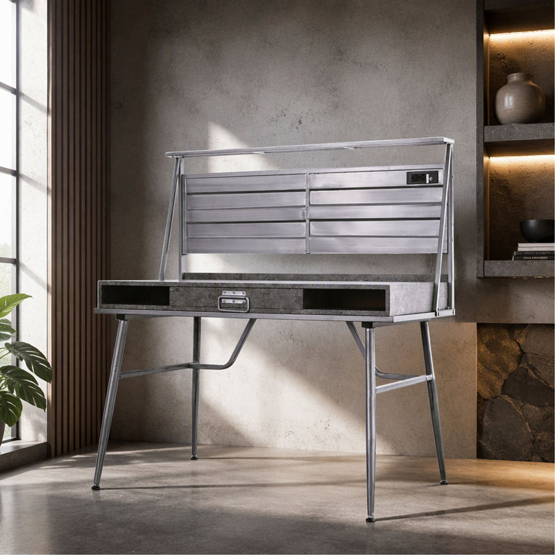 Mobilier de bureau de style industriel avec 1 tiroir et 2 tablettes ouvertes