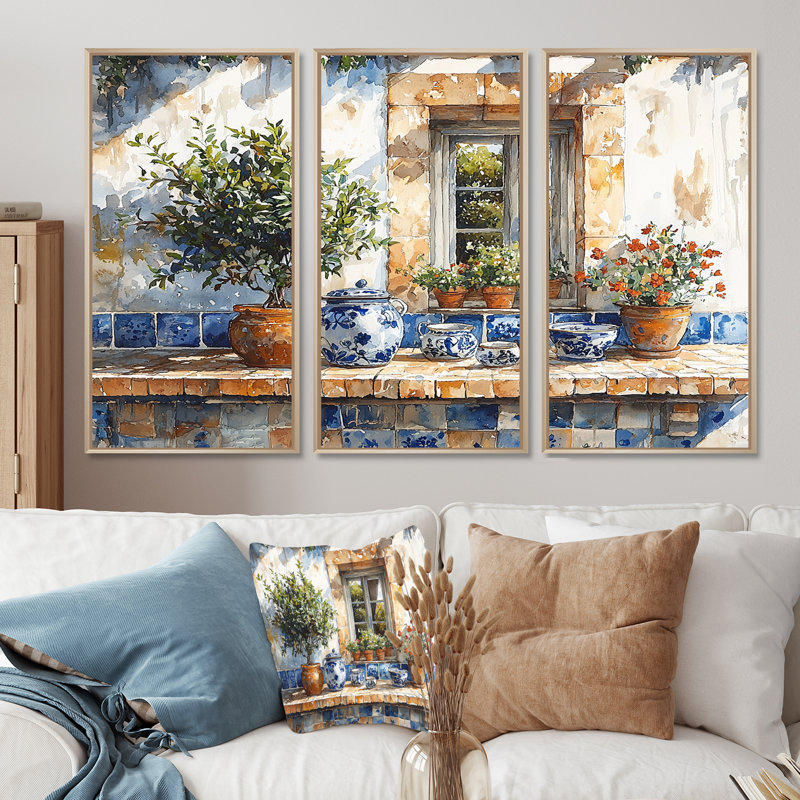 «Blue and Green Kitchen Greek Kitchen», ensemble d'art mural, H 40 po x l 60 po x P 1 po, Toile naturelle avec cadre flottant