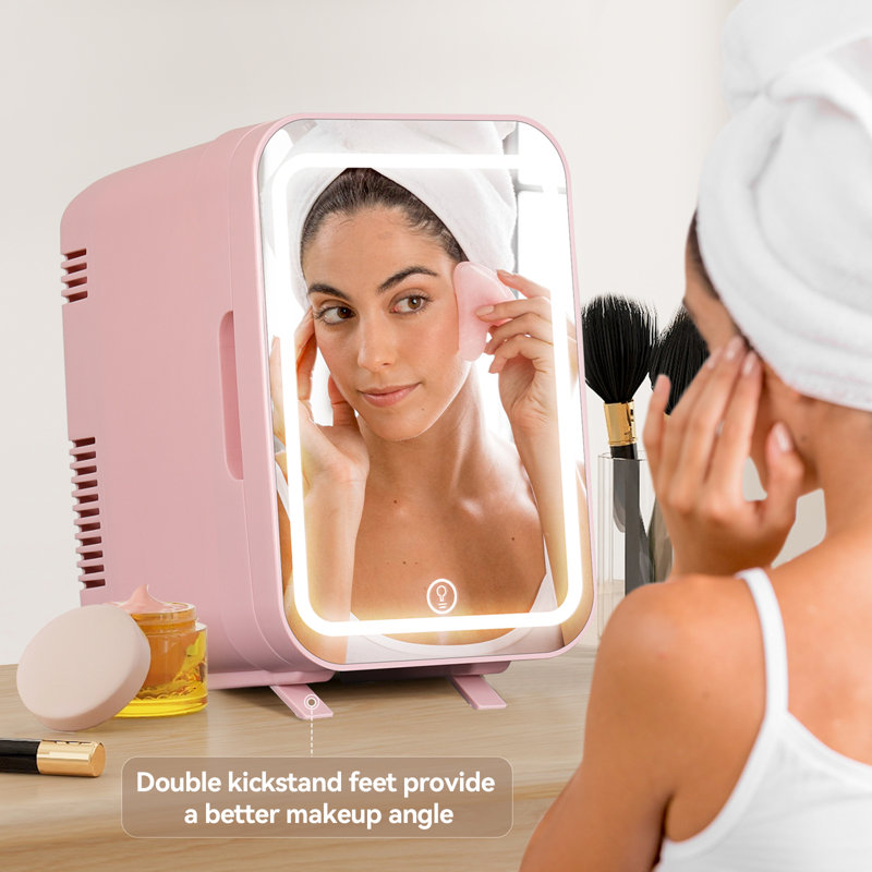 Mini Fridge 4L Car Refrigerator With LED Mirror, 3 Light Countertop Mini Fridge with Freezer, Pink, With Mirror