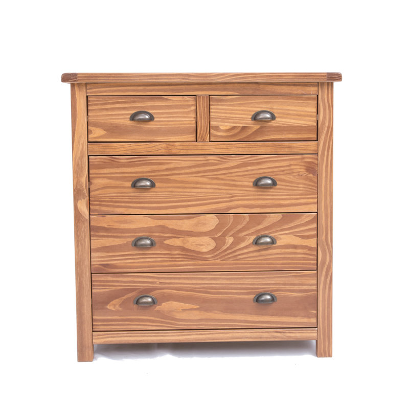 Vasquez 90cm W 5 - Drawer Chest of Drawers, Light Wood/Antique Brass