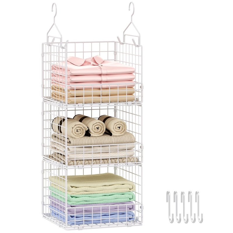 Organisateur de garde-robe pliable à 3 niveaux avec 5 crochets en S, White