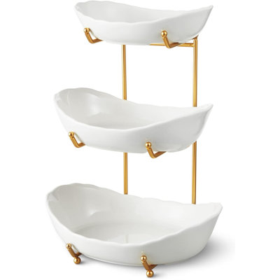 Ceramic Fruit Bowl For Kitchen Counter - 3 Tier Fruit Basket With Metal Stand, Tiered Fruit Stand For Countertop, Snack, Nuts, Cake, Dessert, Cute (Gold, Small)