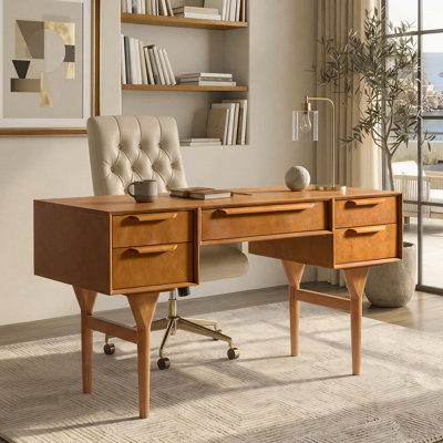 Farrington Mid-Century Modern 55"W Writing Desk with 5 Drawers and Charging Station