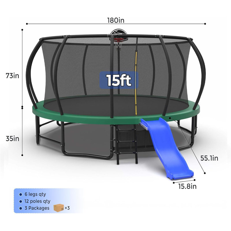 Trampoline d'extérieur de 15 pi avec glissade, trampolines récréatives avec filet et échelle pour enfants et adultes, Vert