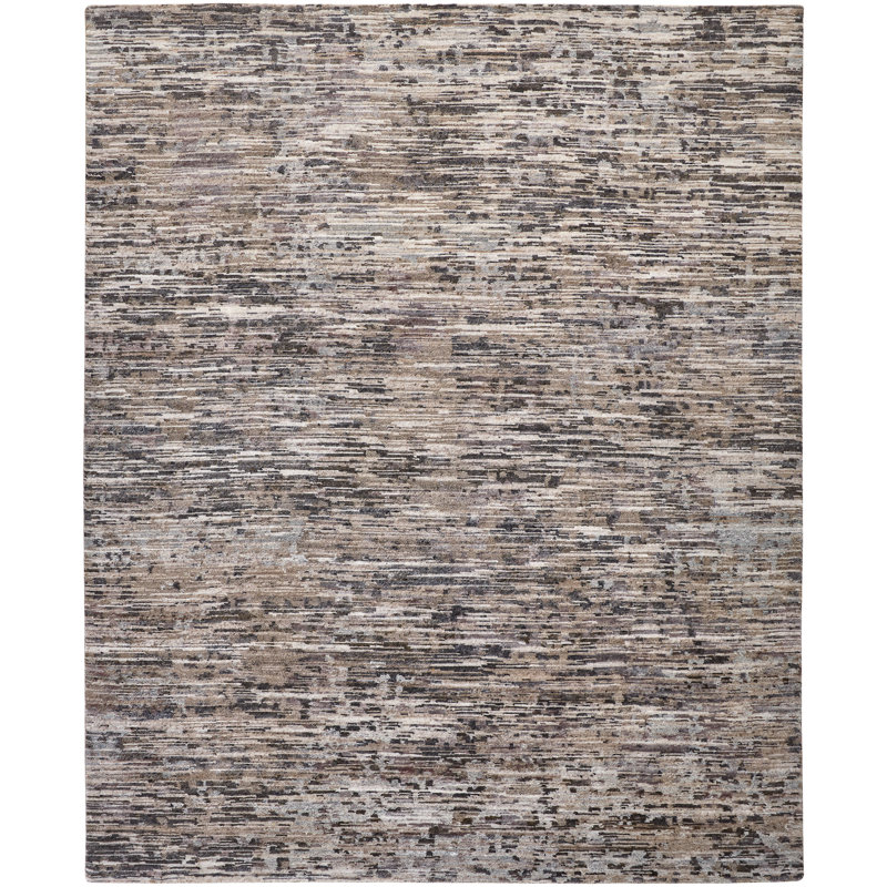Tapis gris / brun / argent en laine noué à la main, Rectangle 8 pi 6 po x 11 pi 6 po