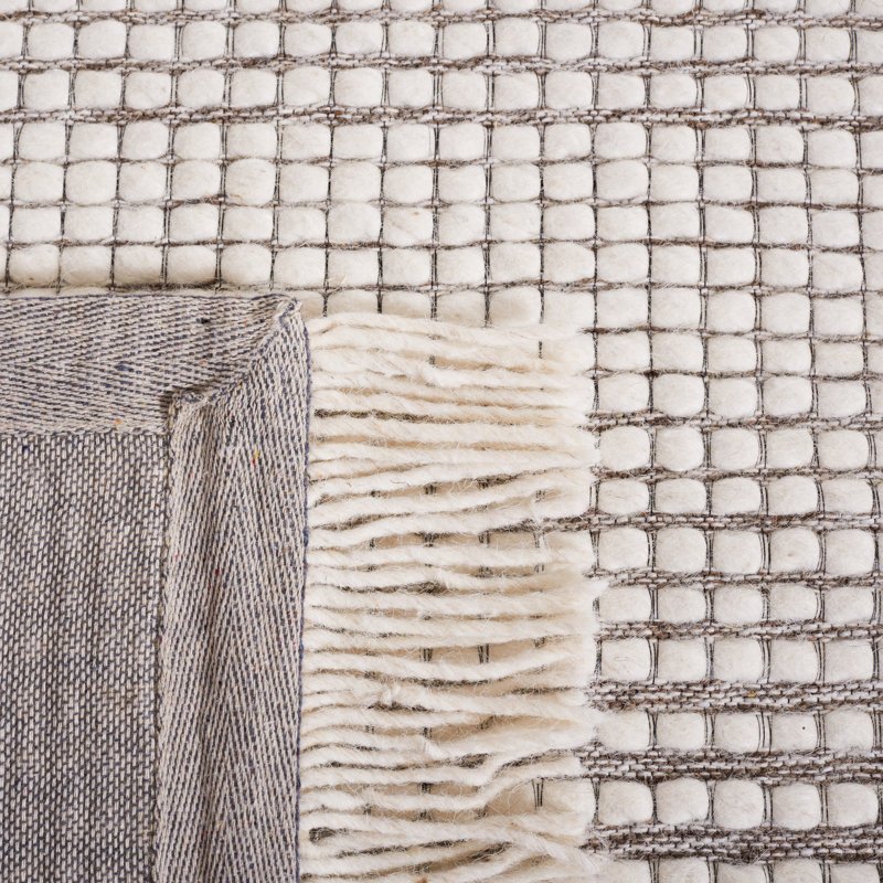 Ivory and Dark Brown Handwoven Wool 8' x 10' Area Rug