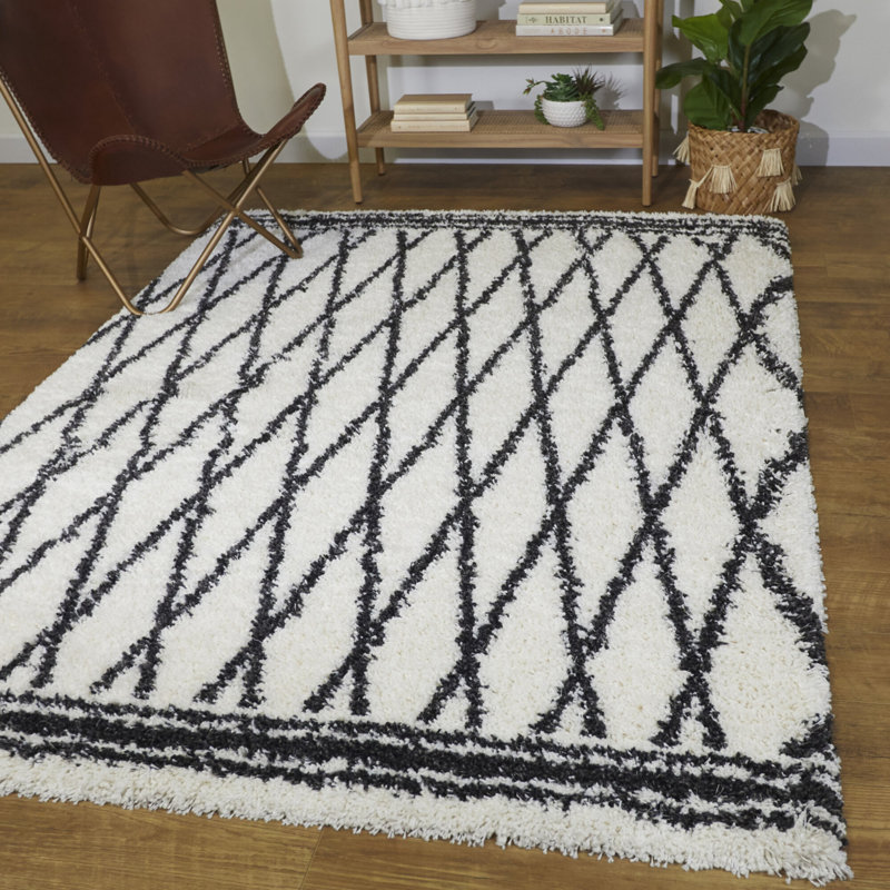 Cream Moroccan Trellis Shag Area Rug, Rectangle 7'10" x 10'