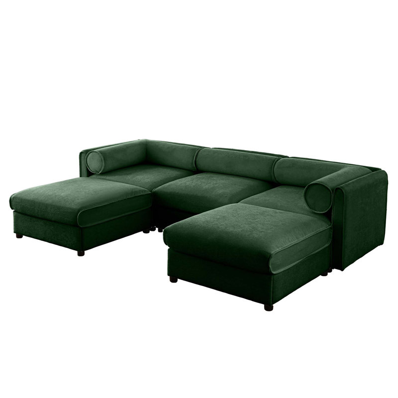 Canapé modulaire moderne en U avec rangement et 2 repose-pieds avec rangement, Chenille verte