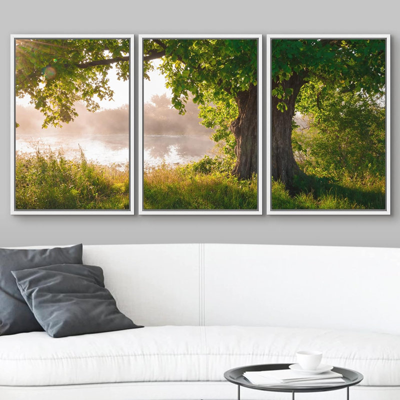 Nature paysage chêne en pleine feuille en été debout seul - ensemble de 3 reproductions de photos, H 24 po x l 48 po, Blanc