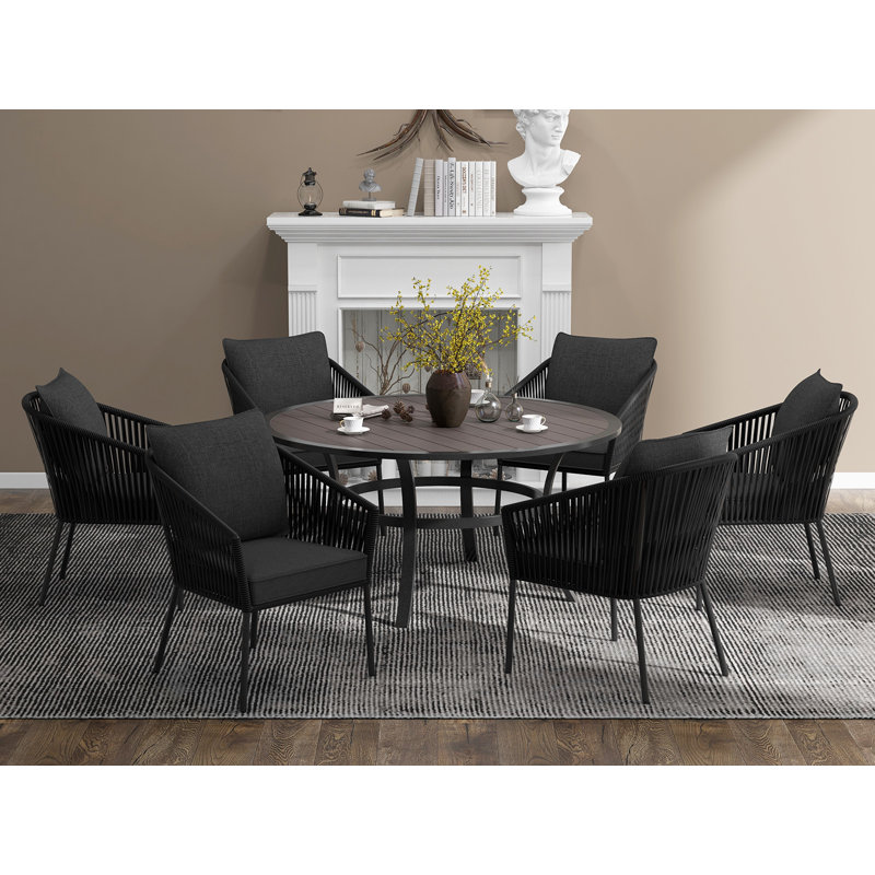 7-Piece Outdoor Dining Set with Wood-Grain Finish, All-Weather Wicker & Weather-Resistant Cushions