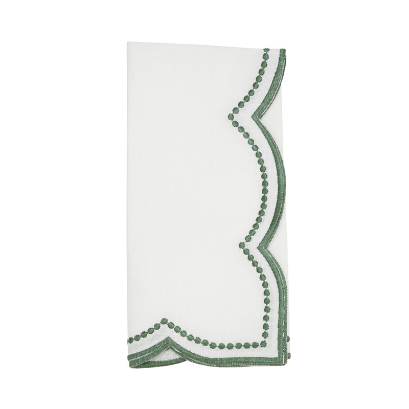 Green Embroidered Polka Dot Scallop Border Cloth Napkins 20" W X 20" L, Set Of 4, Green