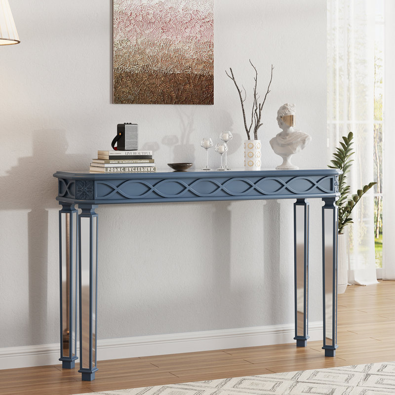 Console Mid-Century avec miroir en bois massif, Bleu