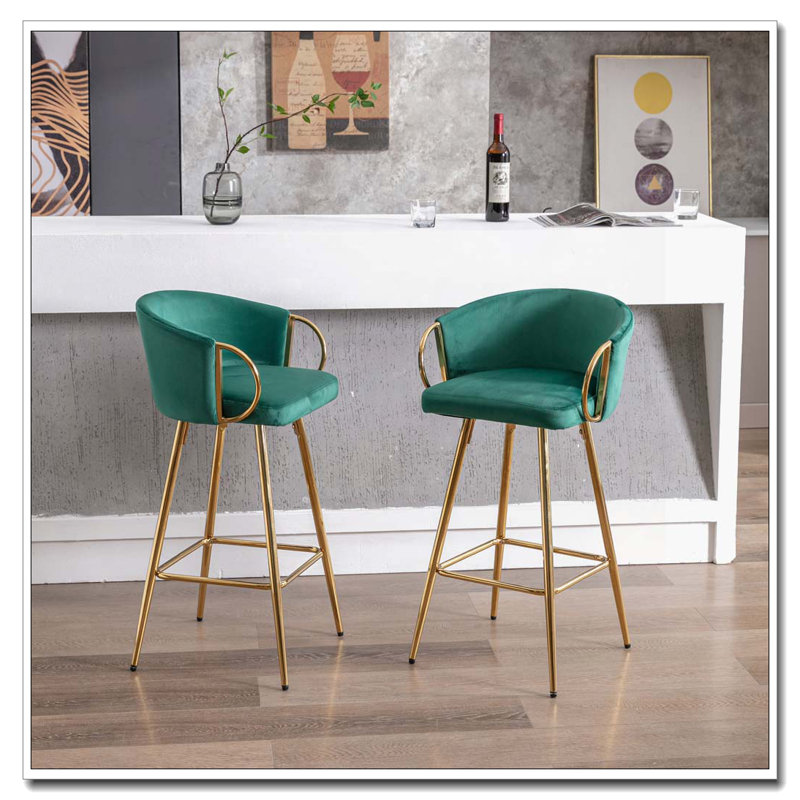 Tabourets de bar, avec repose-pieds chromé et base en velours + tabouret de bar simple Golden Leg, Vert