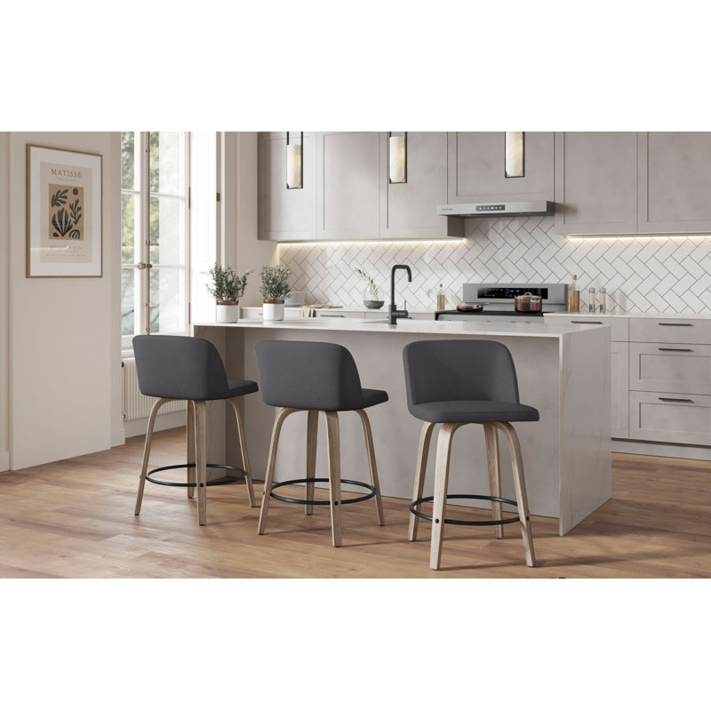 Thea Toriano Fixed-Height Bar & Counter Stools with Bent Wood Legs & Round Footrest, Light Gray/Black, Gray Faux Leather