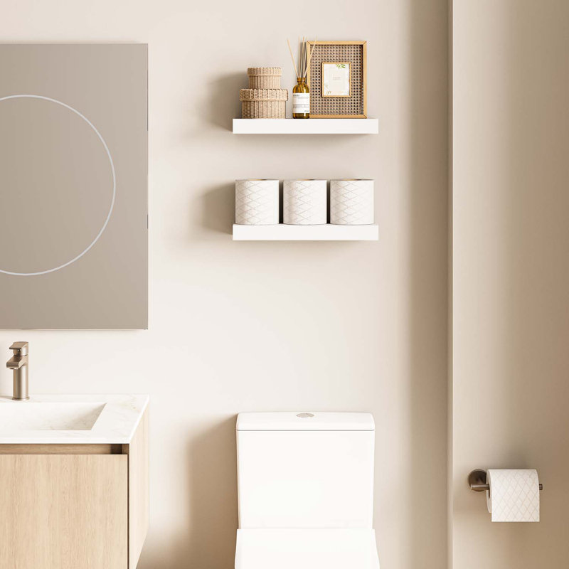 White Veneered 16" Floating Wall Shelves with Invisible Brackets, 2-Pack